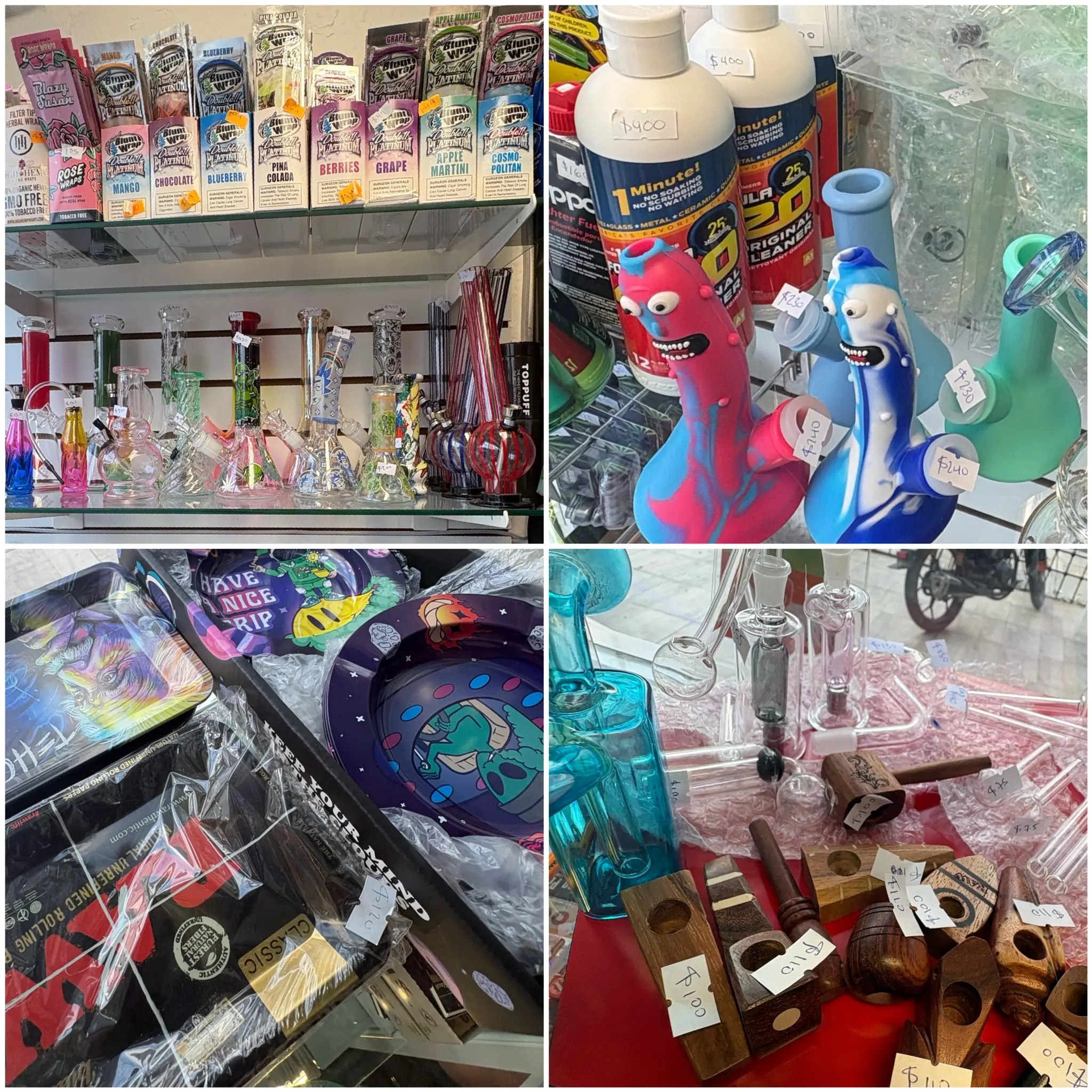 Bongs, rolling trays and wooden pipes at Moon Ink Smoke Shop Cancún